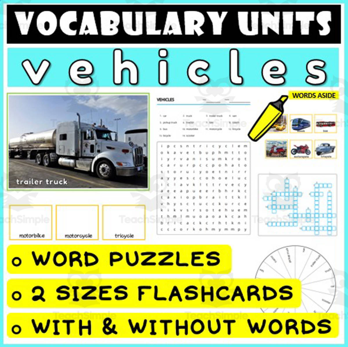 An educational teaching resource from WORDS ASIDE entitled ESL Vocabulary Flashcards Puzzles Games 50 downloadable at Teach Simple.