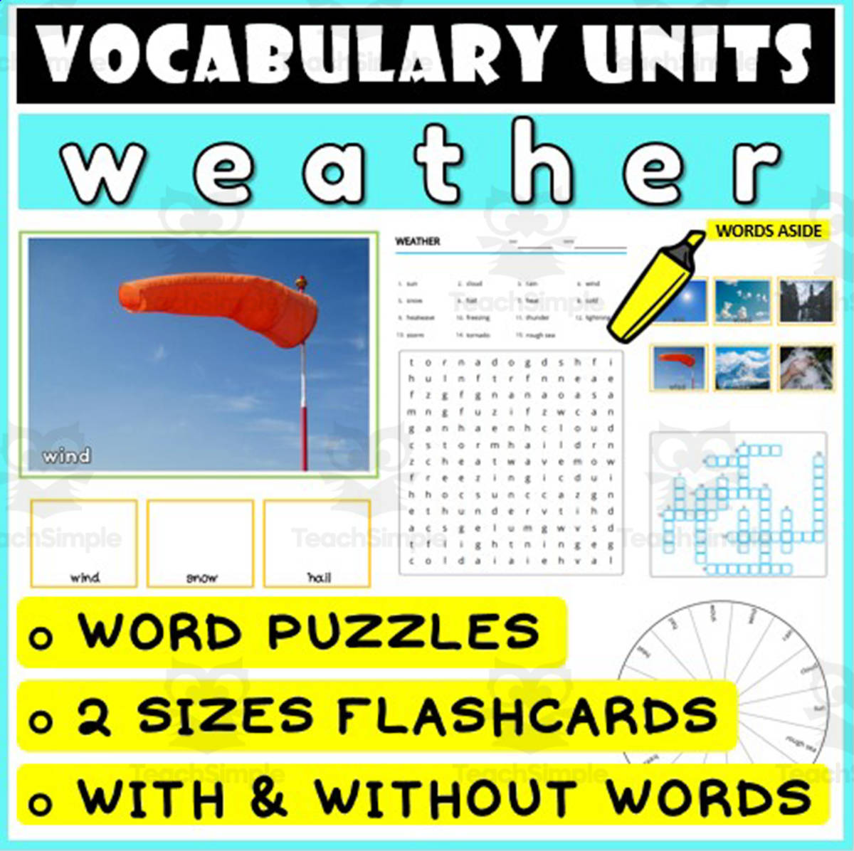 An educational teaching resource from WORDS ASIDE entitled ESL Vocabulary Flashcards Puzzles Games 52 downloadable at Teach Simple.