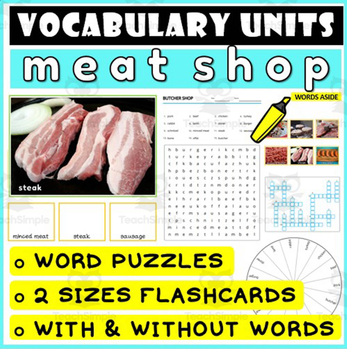 An educational teaching resource from WORDS ASIDE entitled ESL Vocabulary Flashcards Puzzles Games 7 downloadable at Teach Simple.