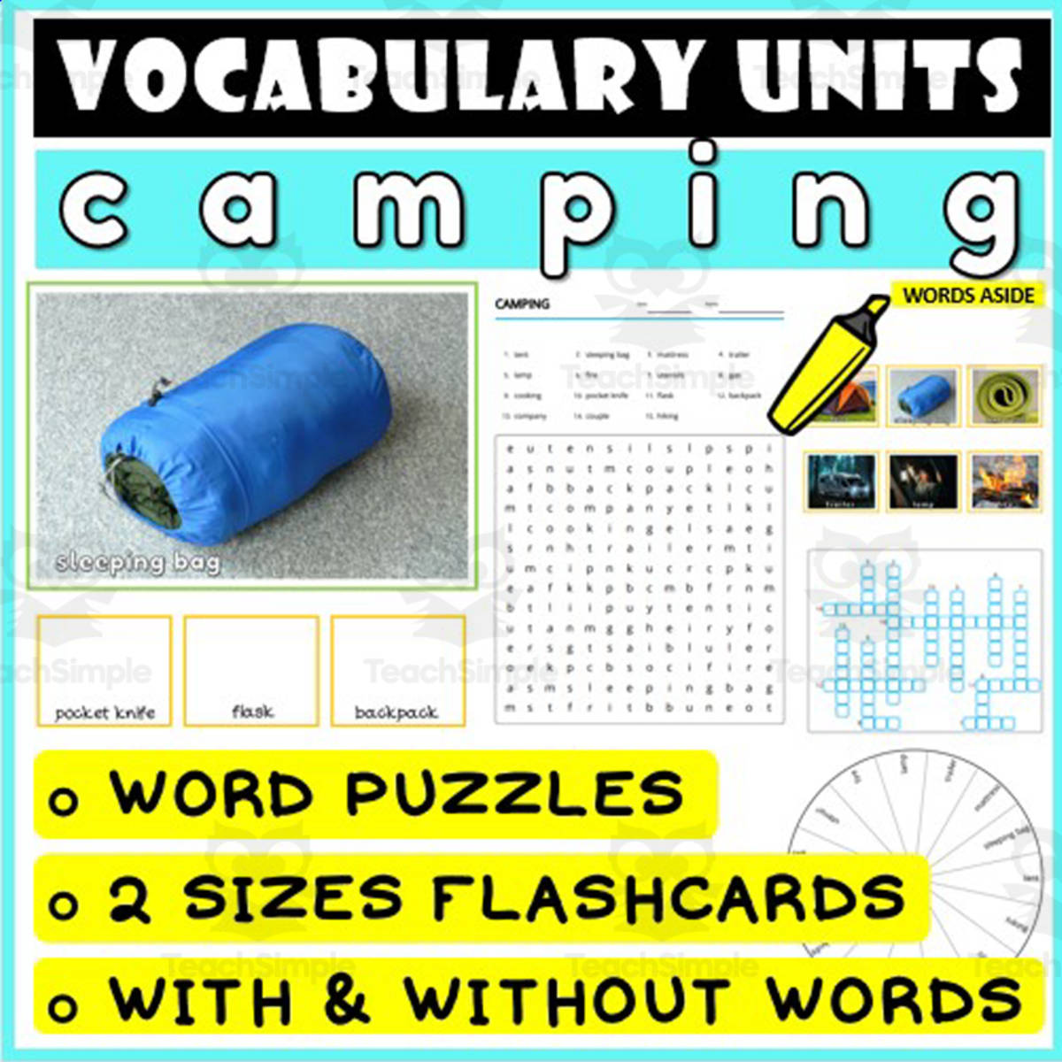 An educational teaching resource from WORDS ASIDE entitled ESL Vocabulary Flashcards Puzzles Games 8 downloadable at Teach Simple.