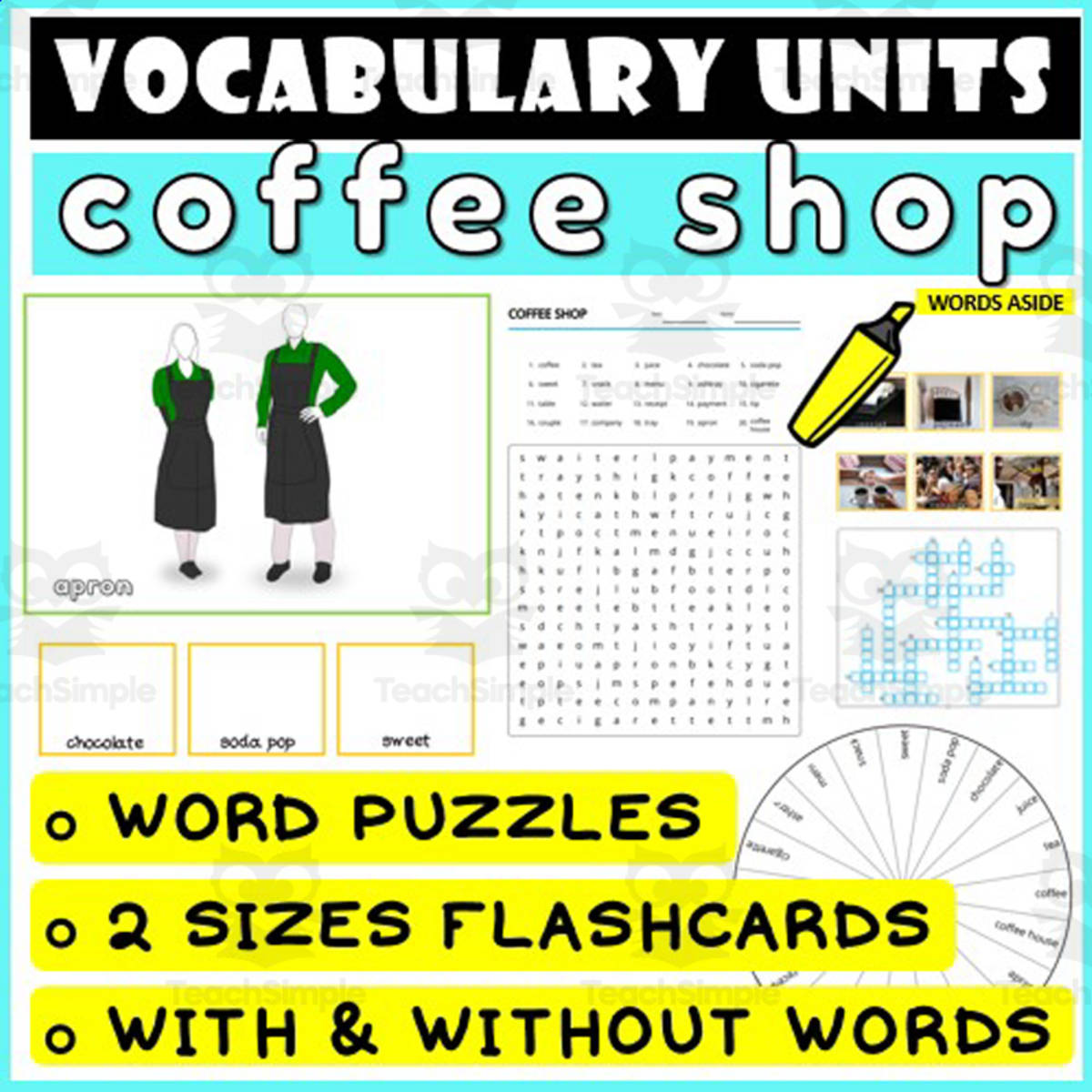 An educational teaching resource from WORDS ASIDE entitled ESL Vocabulary Flashcards Puzzles Games 9 downloadable at Teach Simple.