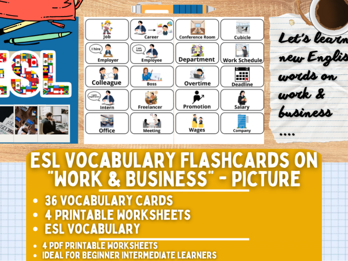 An educational teaching resource from Learning with Alan entitled ESL Vocabulary Flashcards - Work & Business - Pictures downloadable at Teach Simple.