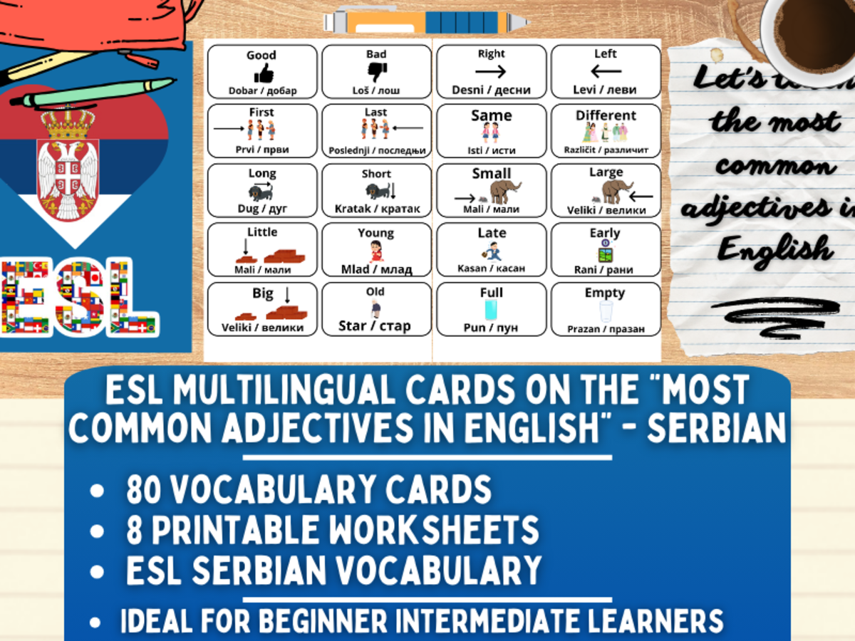 An educational teaching resource from Learning with Alan entitled ESL Vocabulry Flashcards - Most Common Adjectives - Serbian downloadable at Teach Simple.