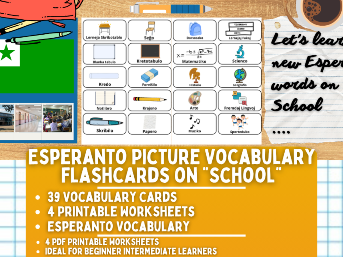 An educational teaching resource from Learning with Alan entitled Esperanto Picture Vocabulary Flashcards - School downloadable at Teach Simple.