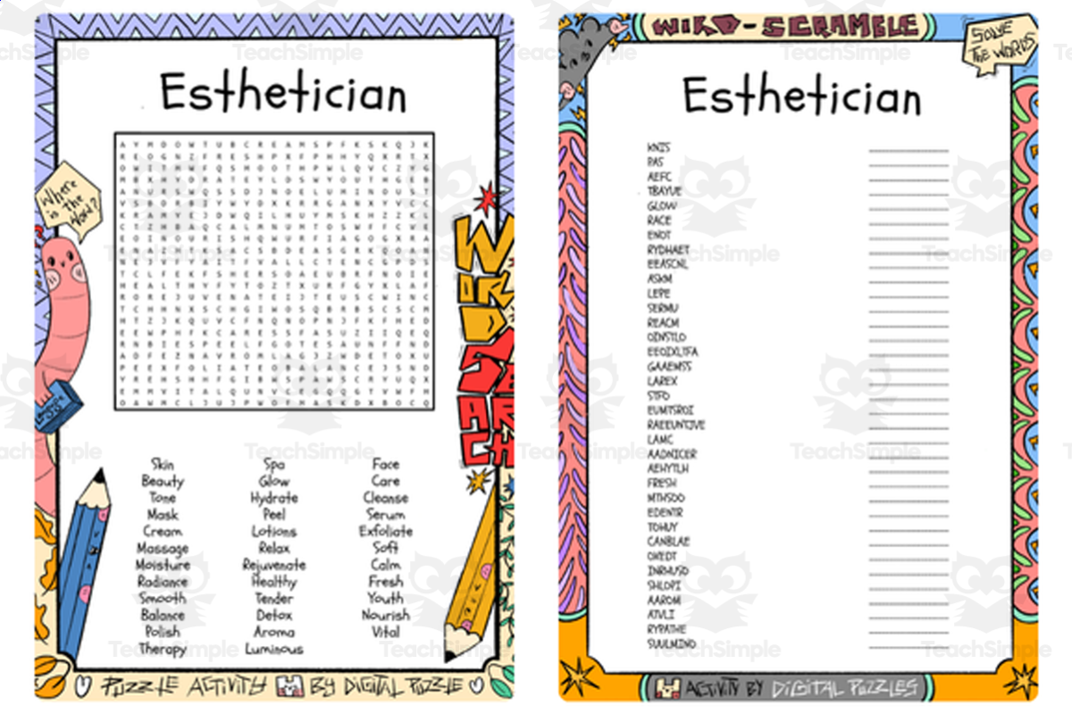 An educational teaching resource from Lapiiin Art Activities entitled Esthetician word search & scramble downloadable at Teach Simple.