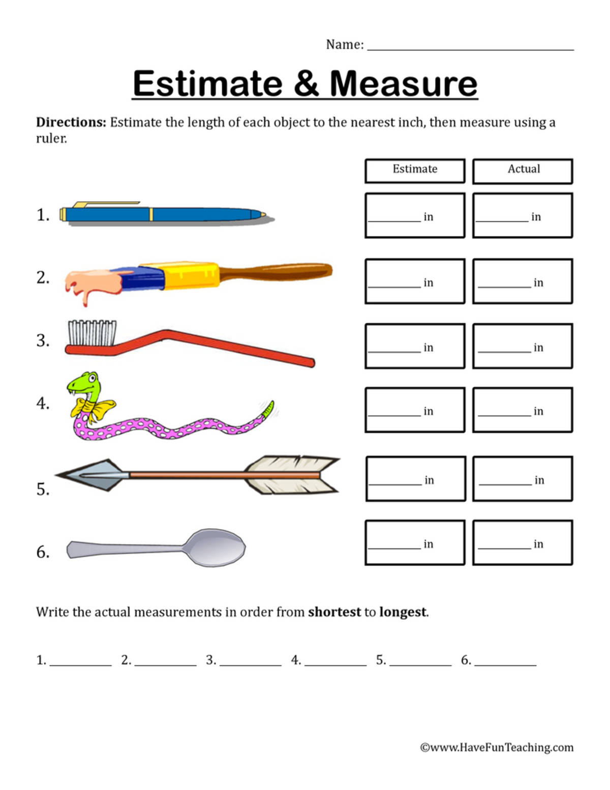 An educational teaching resource from Have Fun Teaching entitled Estimate and Measure Inches Worksheet downloadable at Teach Simple.