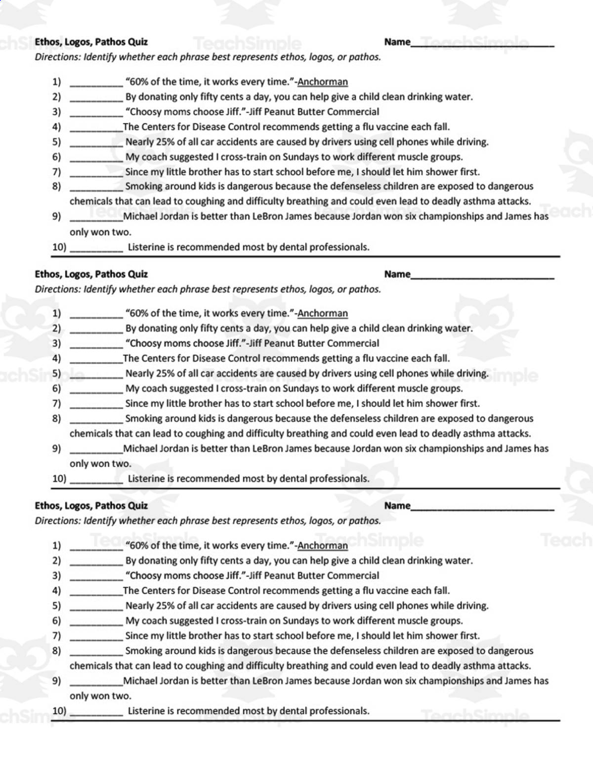 An educational teaching resource from ELA Resources entitled Ethos, Logos + Pathos Quiz downloadable at Teach Simple.