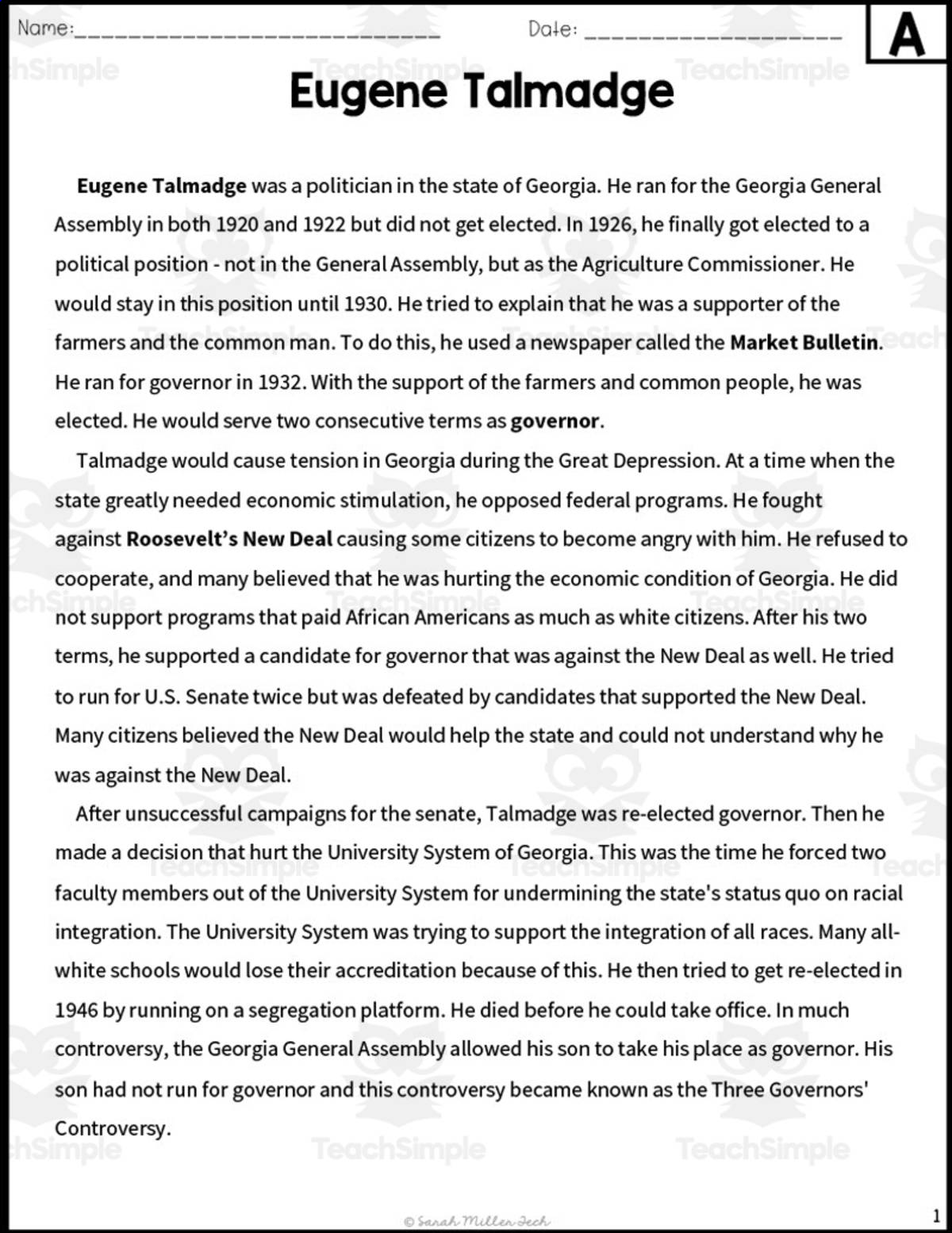 An educational teaching resource from Sarah Miller Tech entitled Eugene Talmadge Reading Packet downloadable at Teach Simple.
