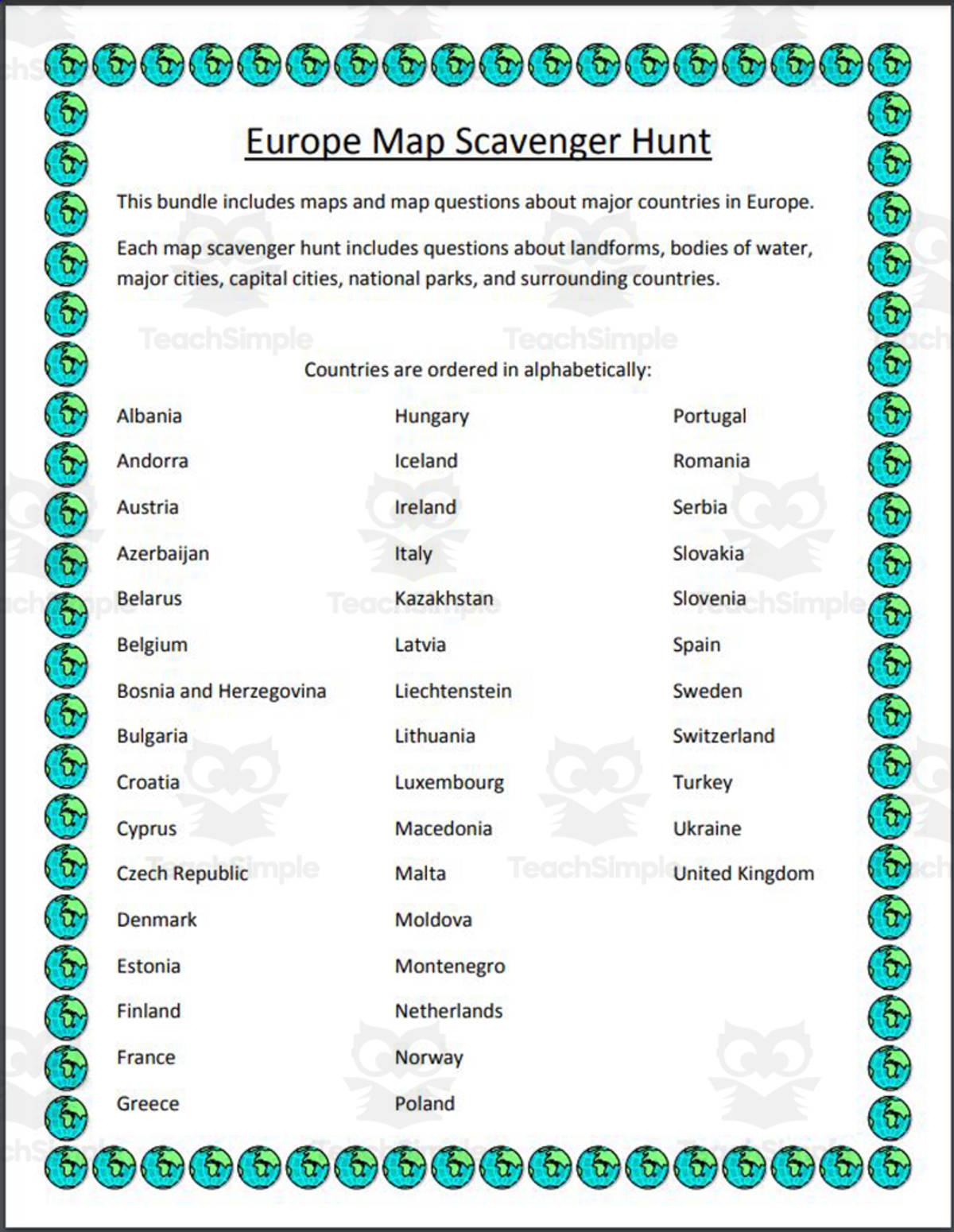 An educational teaching resource from Mr. Matthews Teacher Store entitled Europe Map Scavenger Hunt downloadable at Teach Simple.