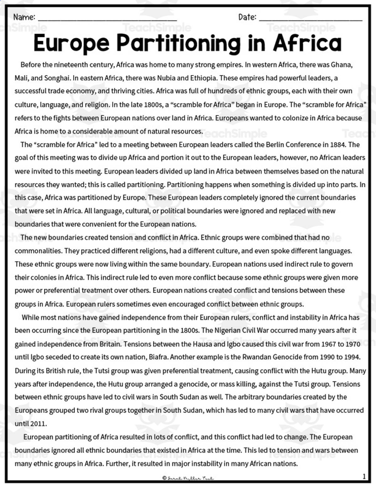 An educational teaching resource from Sarah Miller Tech entitled Europe Partitioning in Africa Reading Packet downloadable at Teach Simple.