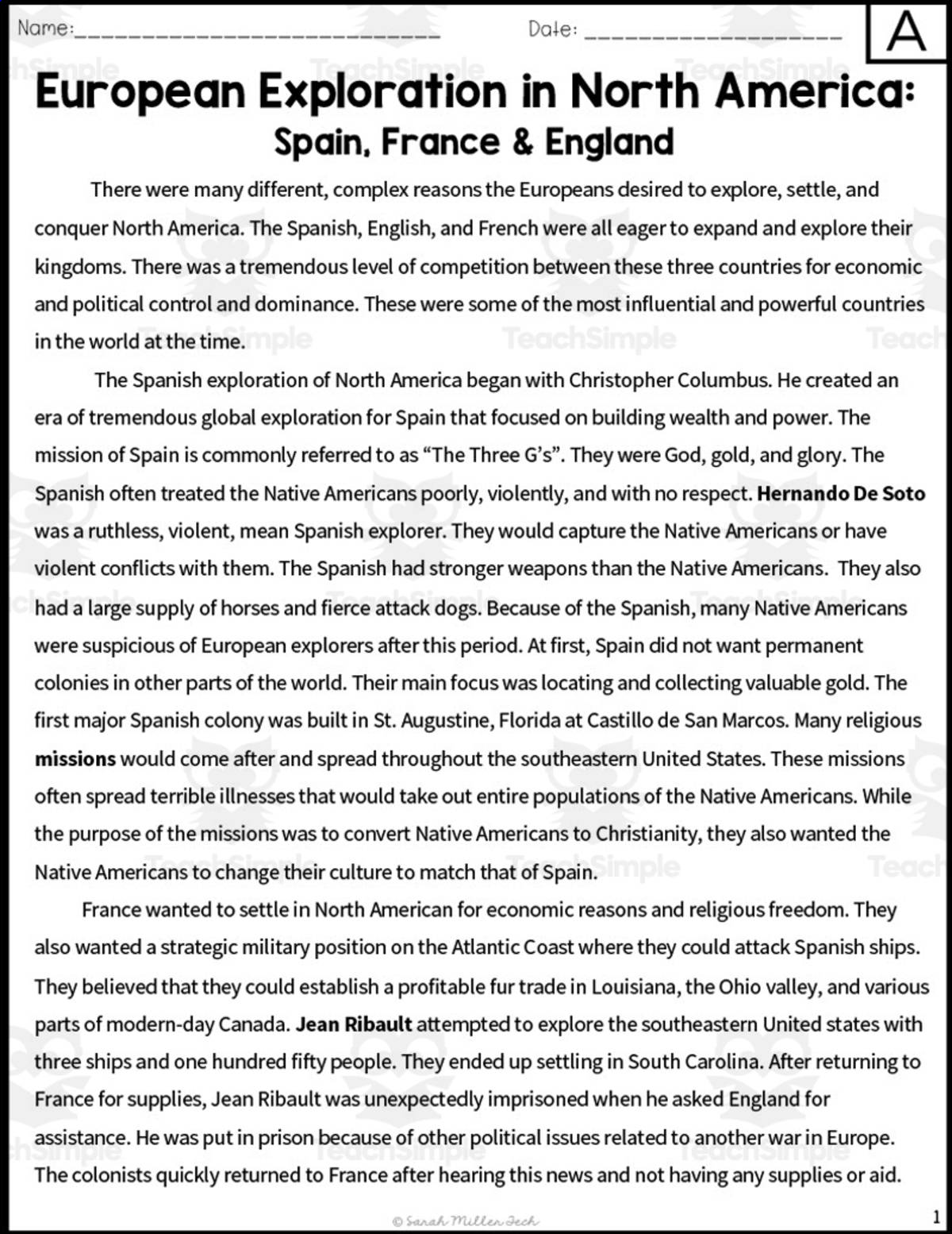 An educational teaching resource from Sarah Miller Tech entitled European Exploration in North America Reading Packet downloadable at Teach Simple.
