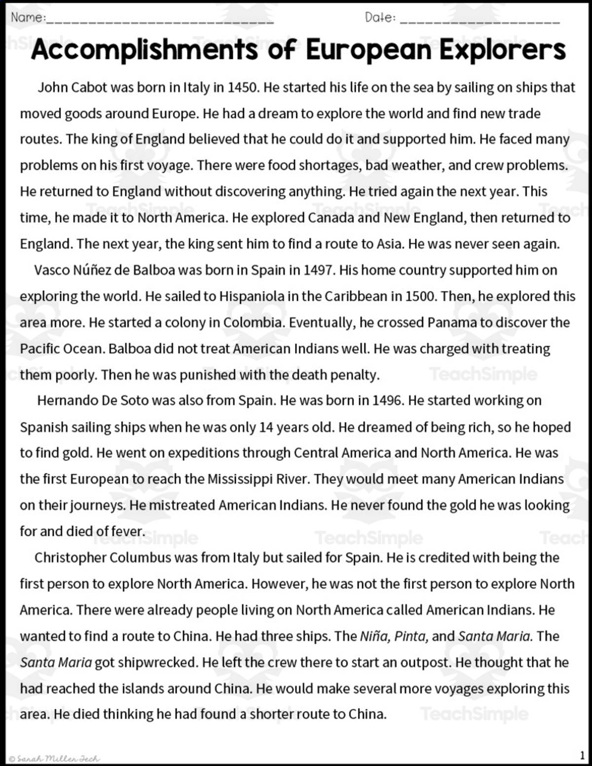 An educational teaching resource from Sarah Miller Tech entitled European Explorers Accomplishments Reading Packet downloadable at Teach Simple.