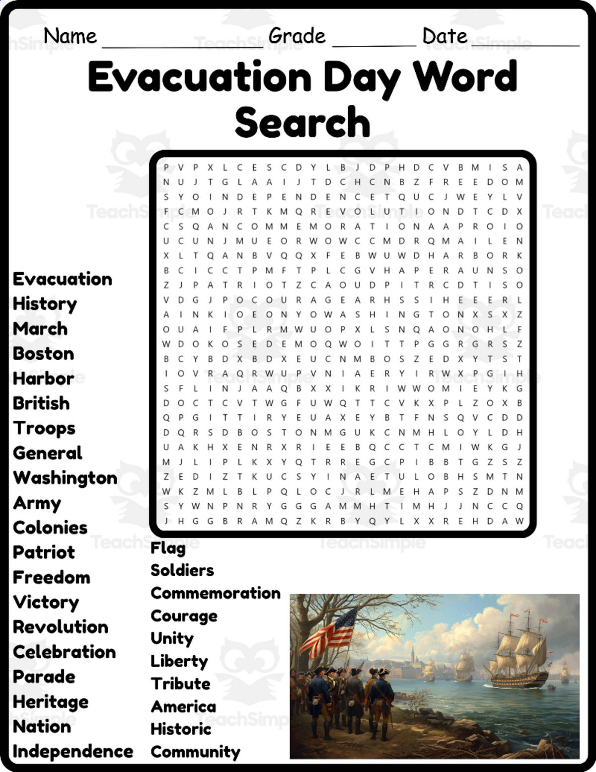An educational teaching resource from Classsimple entitled Evacuation Day Word Search 2nd 3rd 4th 5th Grade Worksheet Activity downloadable at Teach Simple.