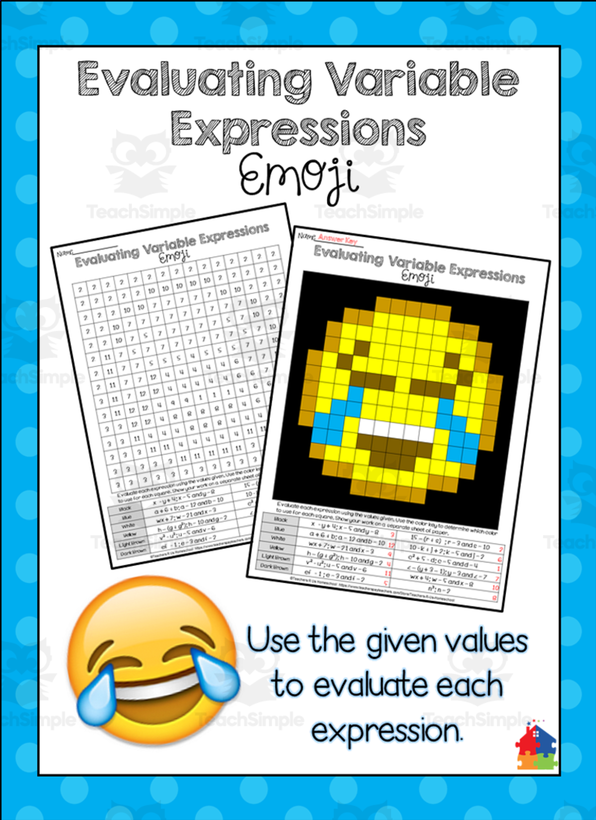 An educational teaching resource from Teachers R Us Homeschool entitled Evaluating Variable Expressions Emoji downloadable at Teach Simple.