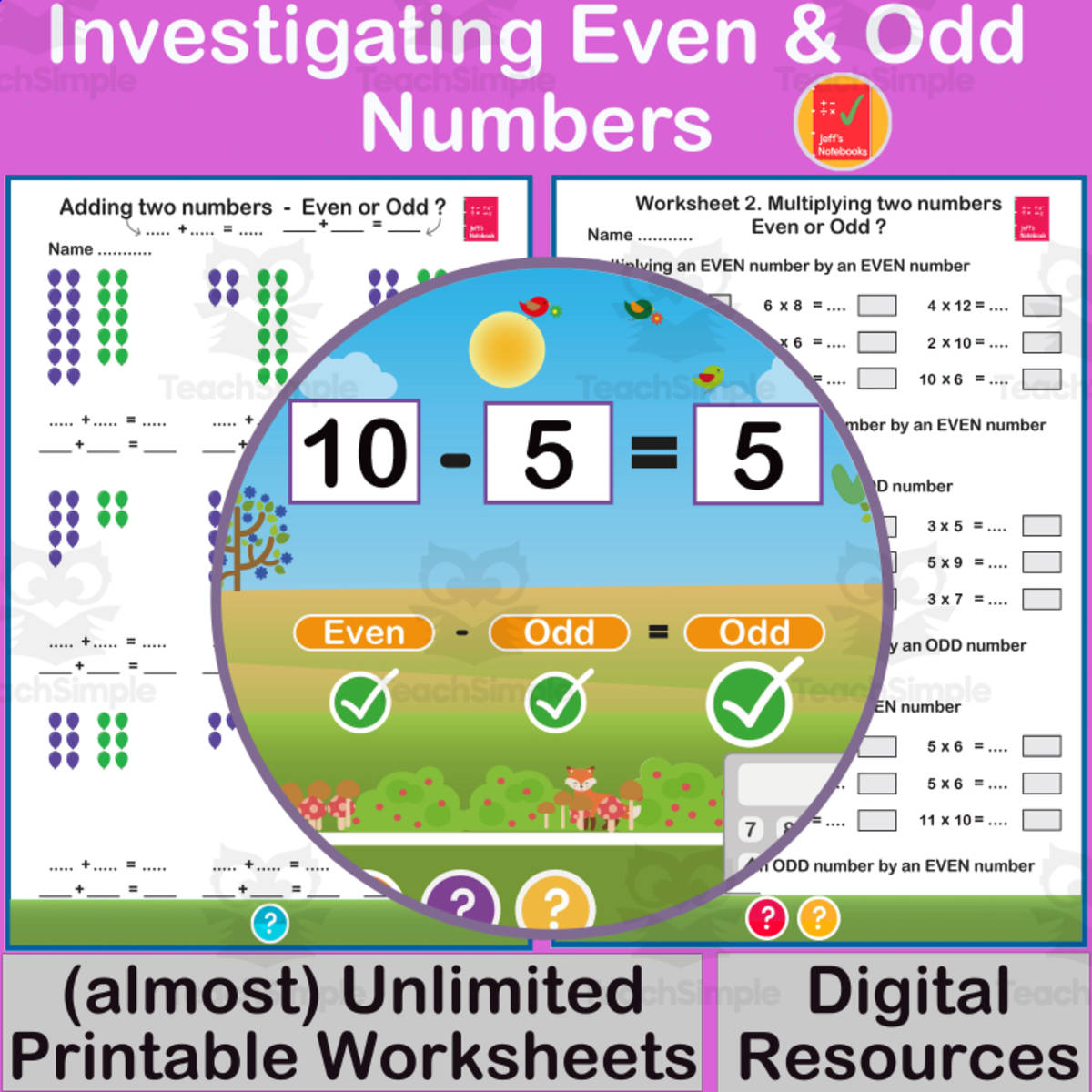 An educational teaching resource from Jeff's Notebooks entitled Even and Odd Numbers: Investigate patterns with the 4 operations downloadable at Teach Simple.