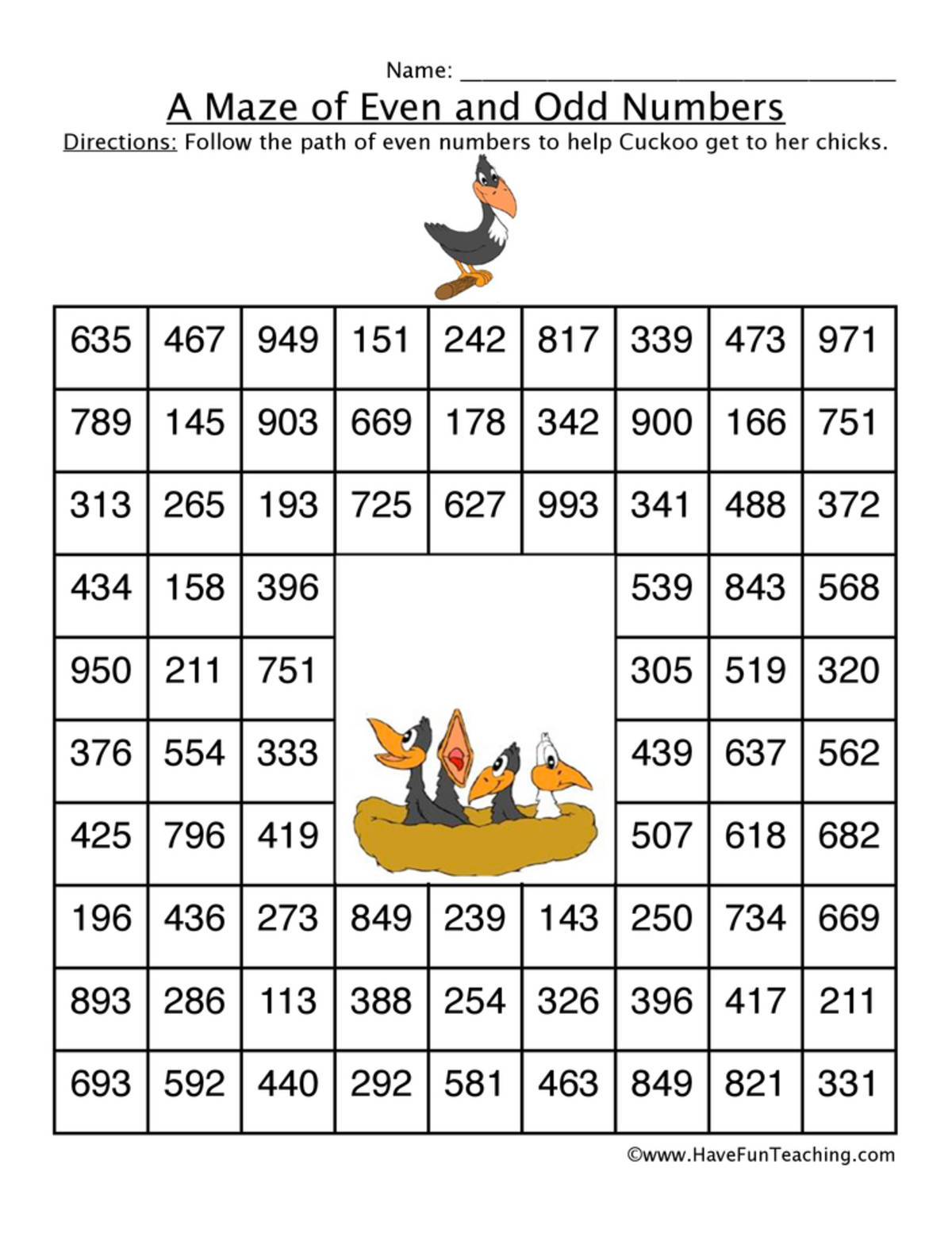 An educational teaching resource from Have Fun Teaching entitled Even Number Maze Worksheet - Birds downloadable at Teach Simple.