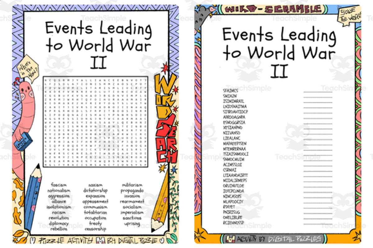 An educational teaching resource from Lapiiin Art Activities entitled Events Leading to World War II word search & scramble downloadable at Teach Simple.