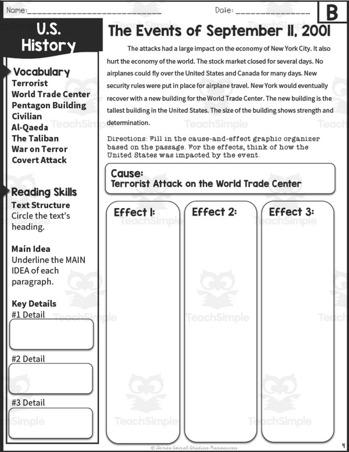 An educational teaching resource from Sarah Miller Tech entitled Events of September 11 - 5th Grade Reading Packet downloadable at Teach Simple.