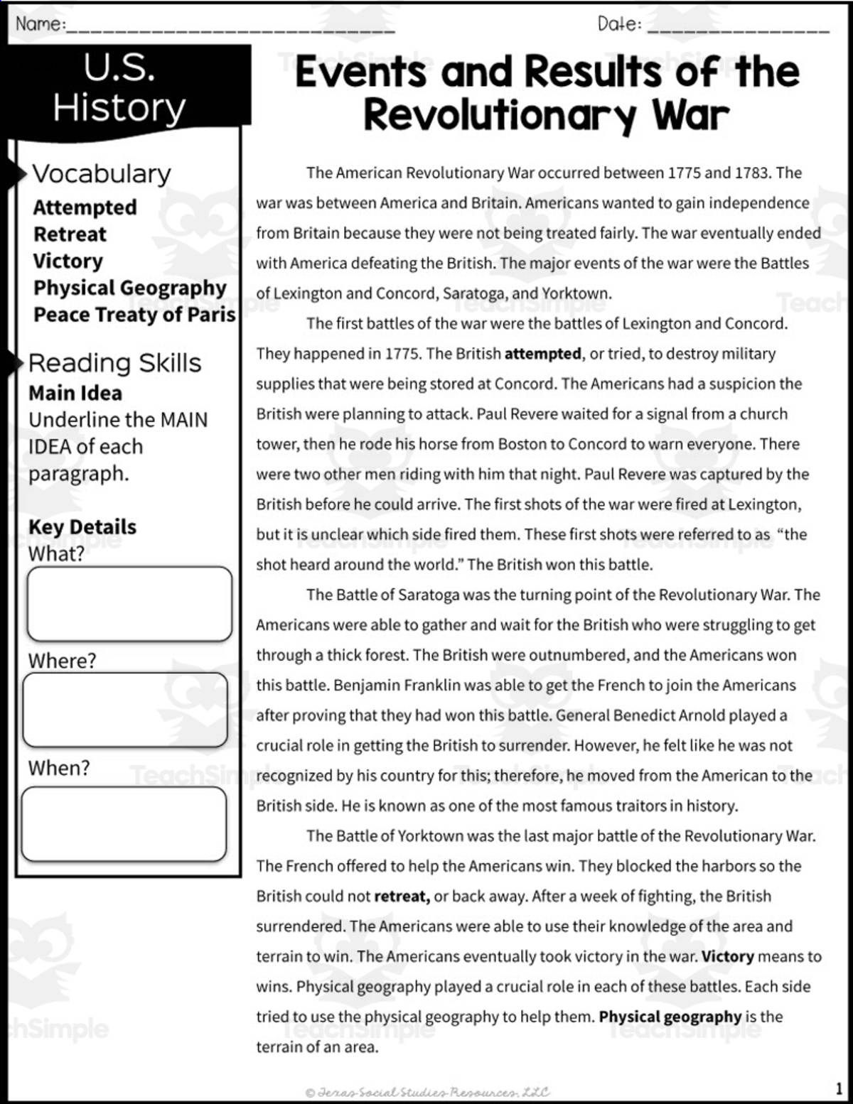 An educational teaching resource from Sarah Miller Tech entitled Events of the Revolutionary War Reading Packet downloadable at Teach Simple.