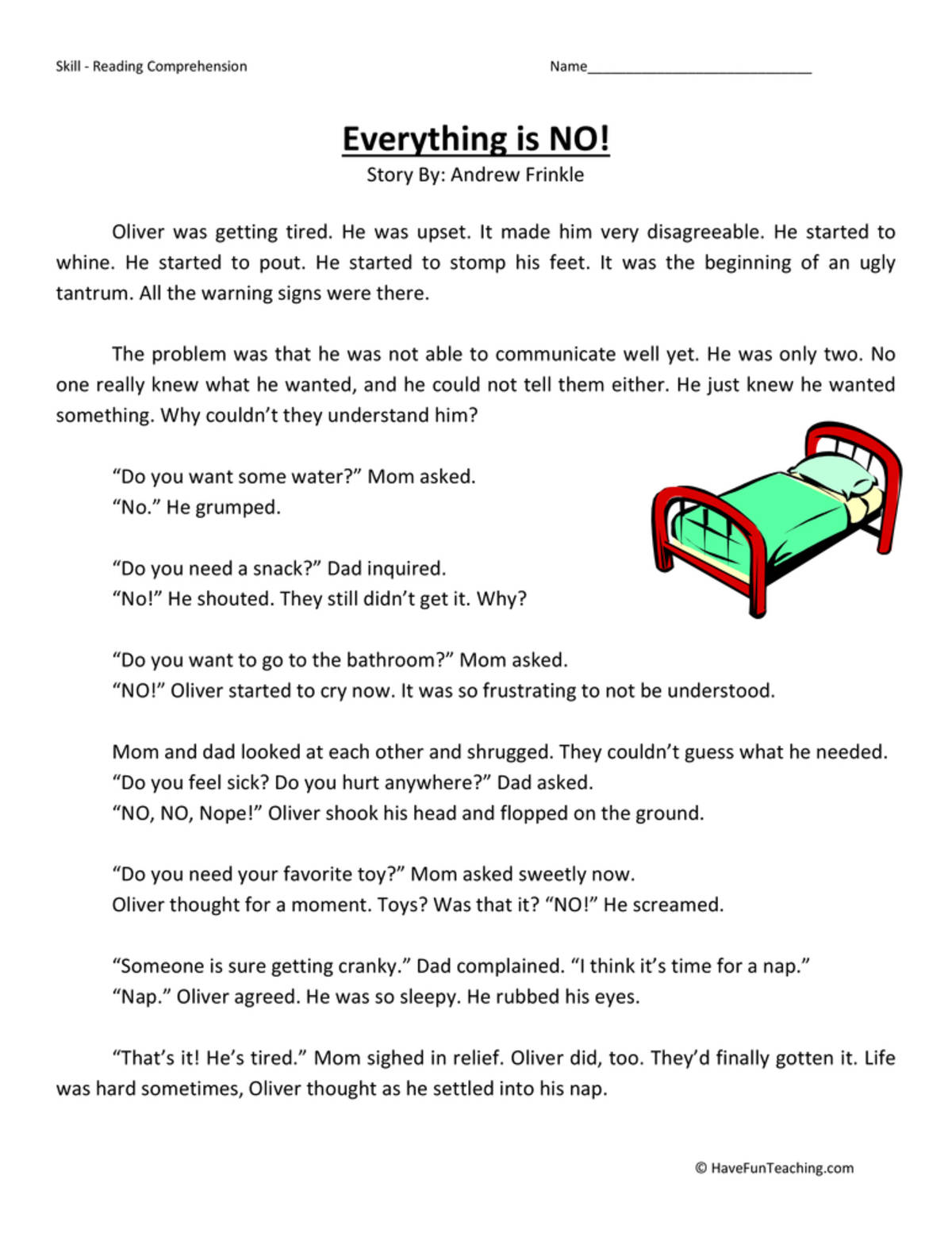 An educational teaching resource from Have Fun Teaching entitled Everything is NO - Reading Comprehension Worksheet downloadable at Teach Simple.