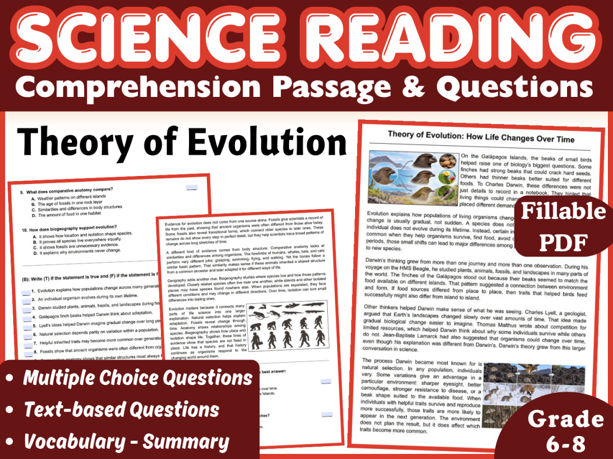 An educational teaching resource from Middle & High School - CORED Education entitled Evolution | Life Science | Biology Reading Comprehension Fillable PDF downloadable at Teach Simple.