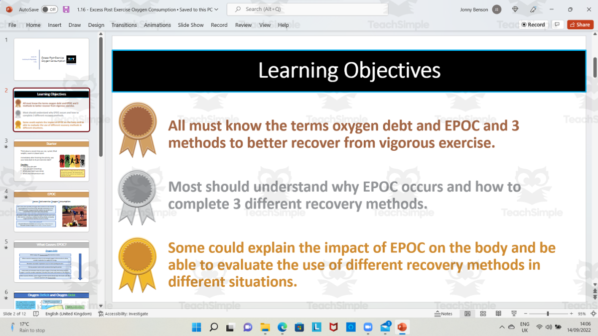 An educational teaching resource from The PE Tutor entitled Excess Post-exercise Oxygen Consumption (EPOC) downloadable at Teach Simple.