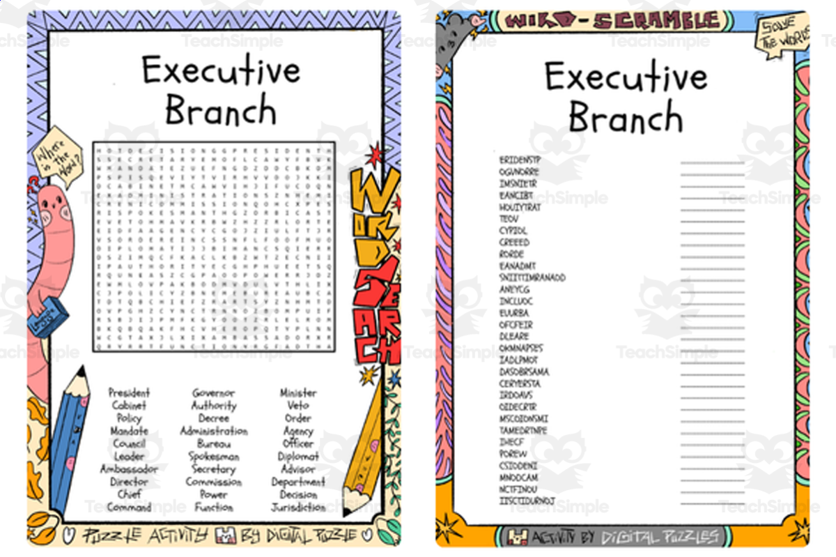 An educational teaching resource from Lapiiin Art Activities entitled Executive Branch word search & scramble downloadable at Teach Simple.