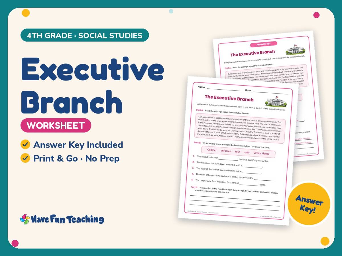 Executive Branch Worksheet – 4th Grade America & Government Practice preview
