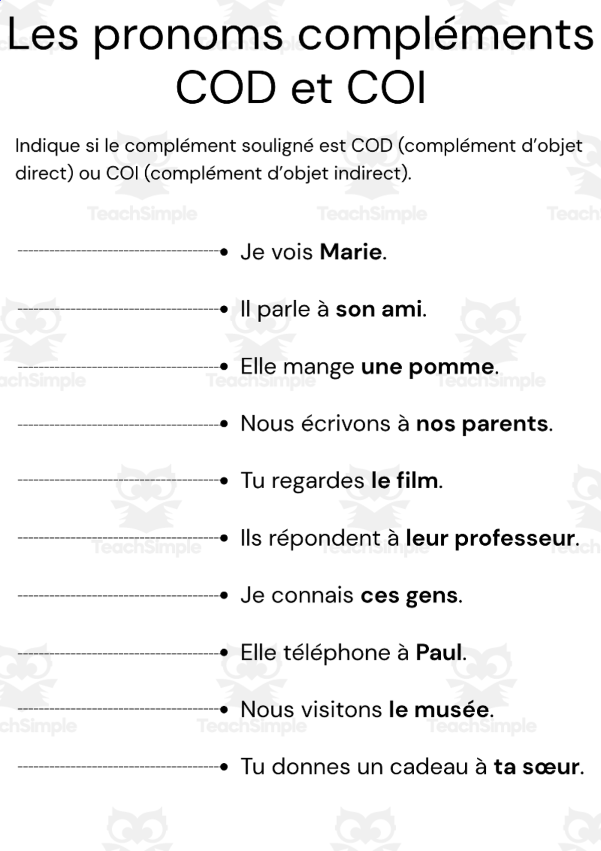 An educational teaching resource from MultiLingual Grammar Lab entitled Exercices et corrigés – Les pronoms compléments COD et COI en français downloadable at Teach Simple.