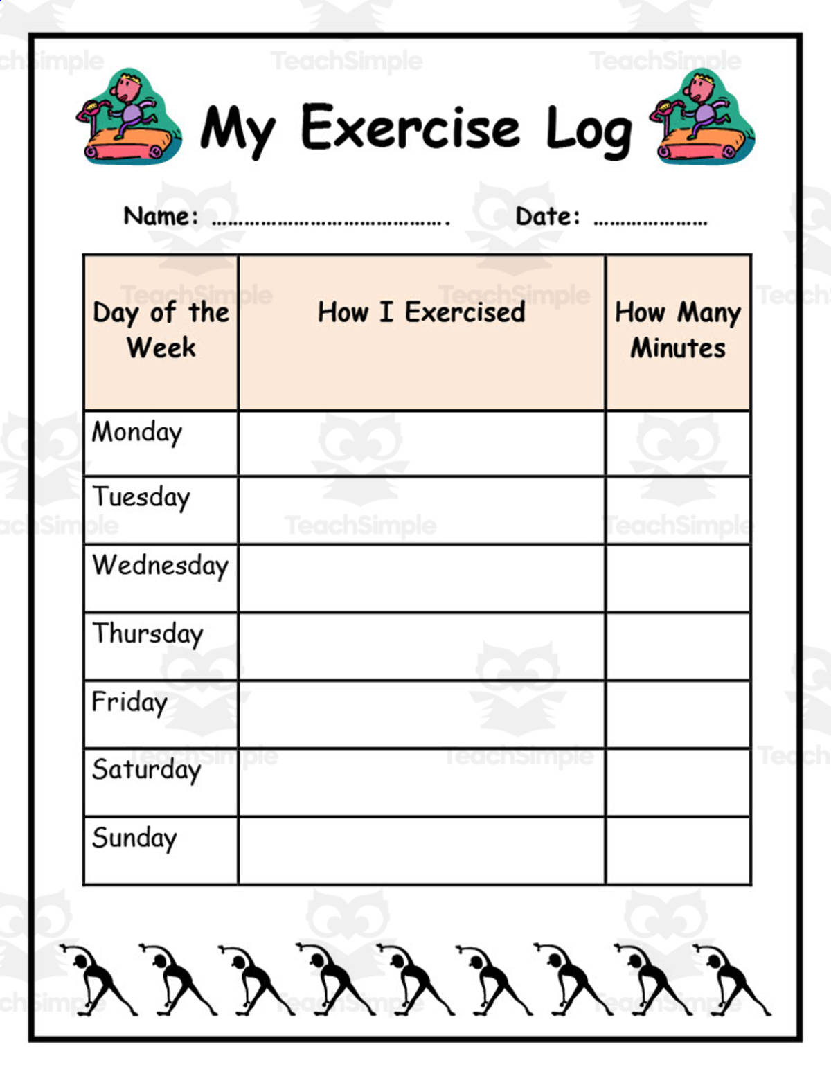 An educational teaching resource from Elementary Resources 4 U entitled Student Exercise Log – Print and Distribute Tracker downloadable at Teach Simple.