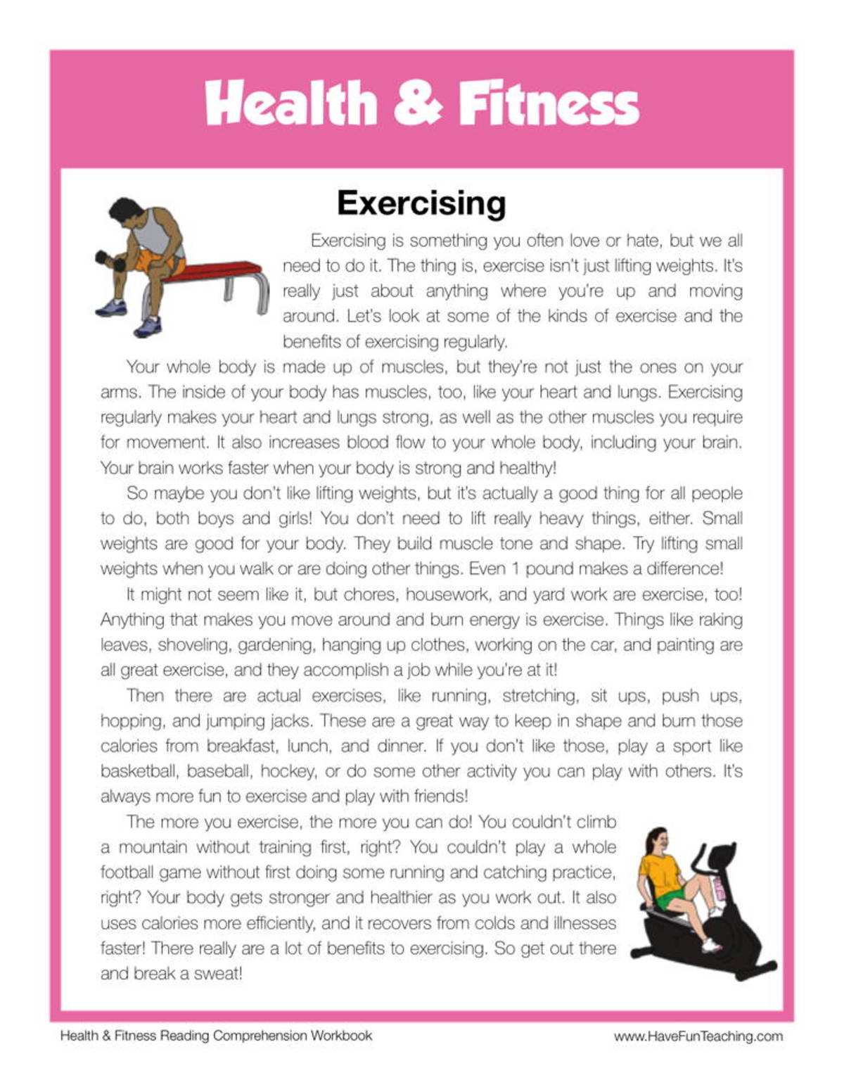 An educational teaching resource from Have Fun Teaching entitled Exercising Health and Fitness Reading Comprehension Worksheet downloadable at Teach Simple.