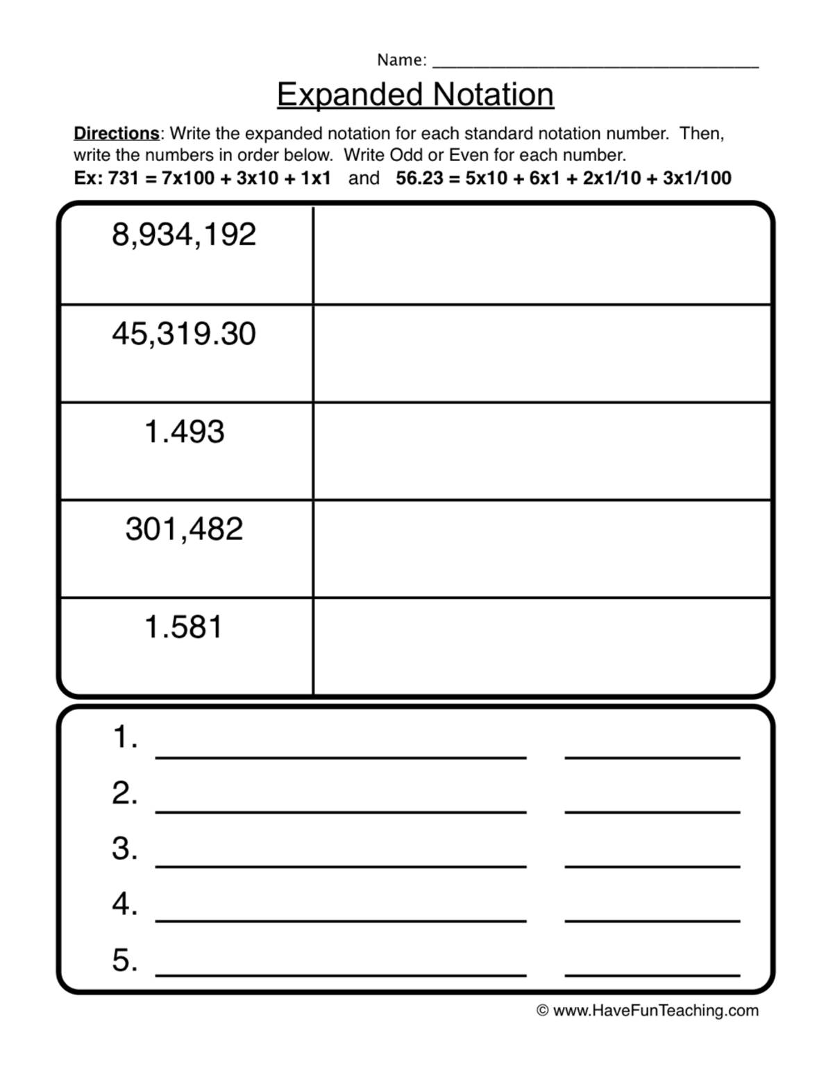 An educational teaching resource from Have Fun Teaching entitled Expanded Notation Place Value Worksheet downloadable at Teach Simple.