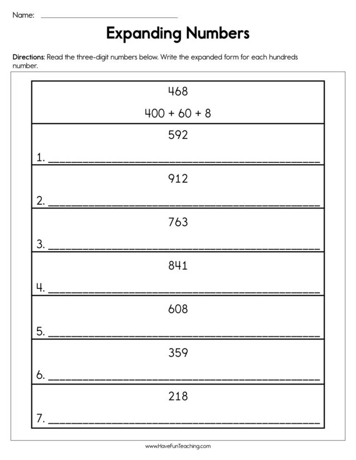 An educational teaching resource from Have Fun Teaching entitled Expanding Numbers Worksheet downloadable at Teach Simple.
