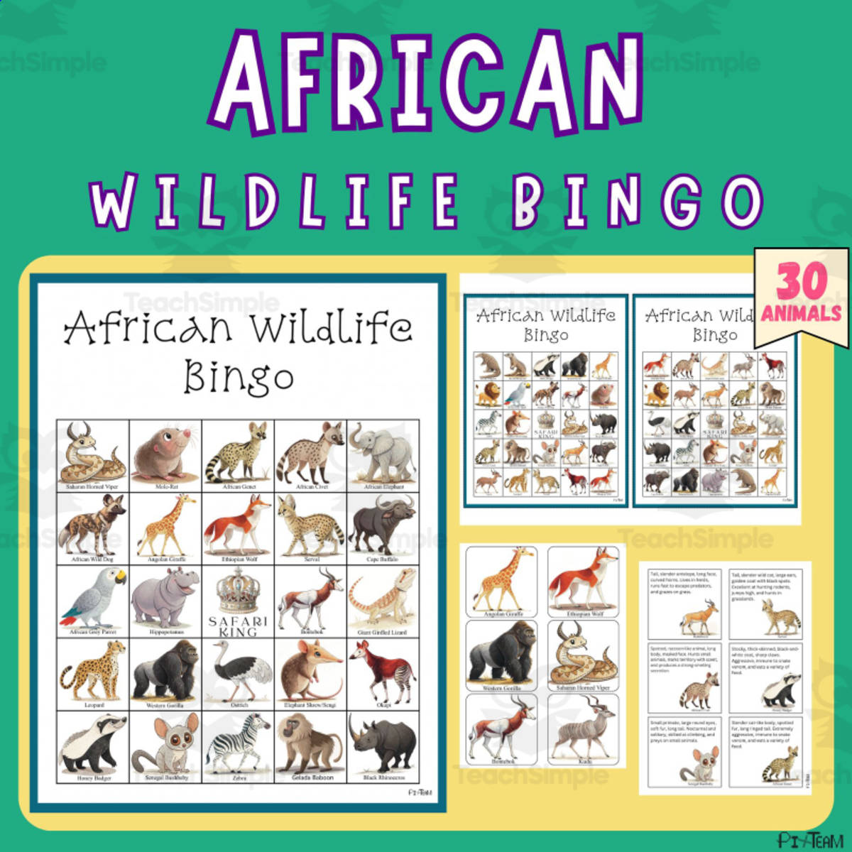 An educational teaching resource from Piix.Team entitled Explore the Wild Wonders of Africa with Safari Adventure Bingo downloadable at Teach Simple.