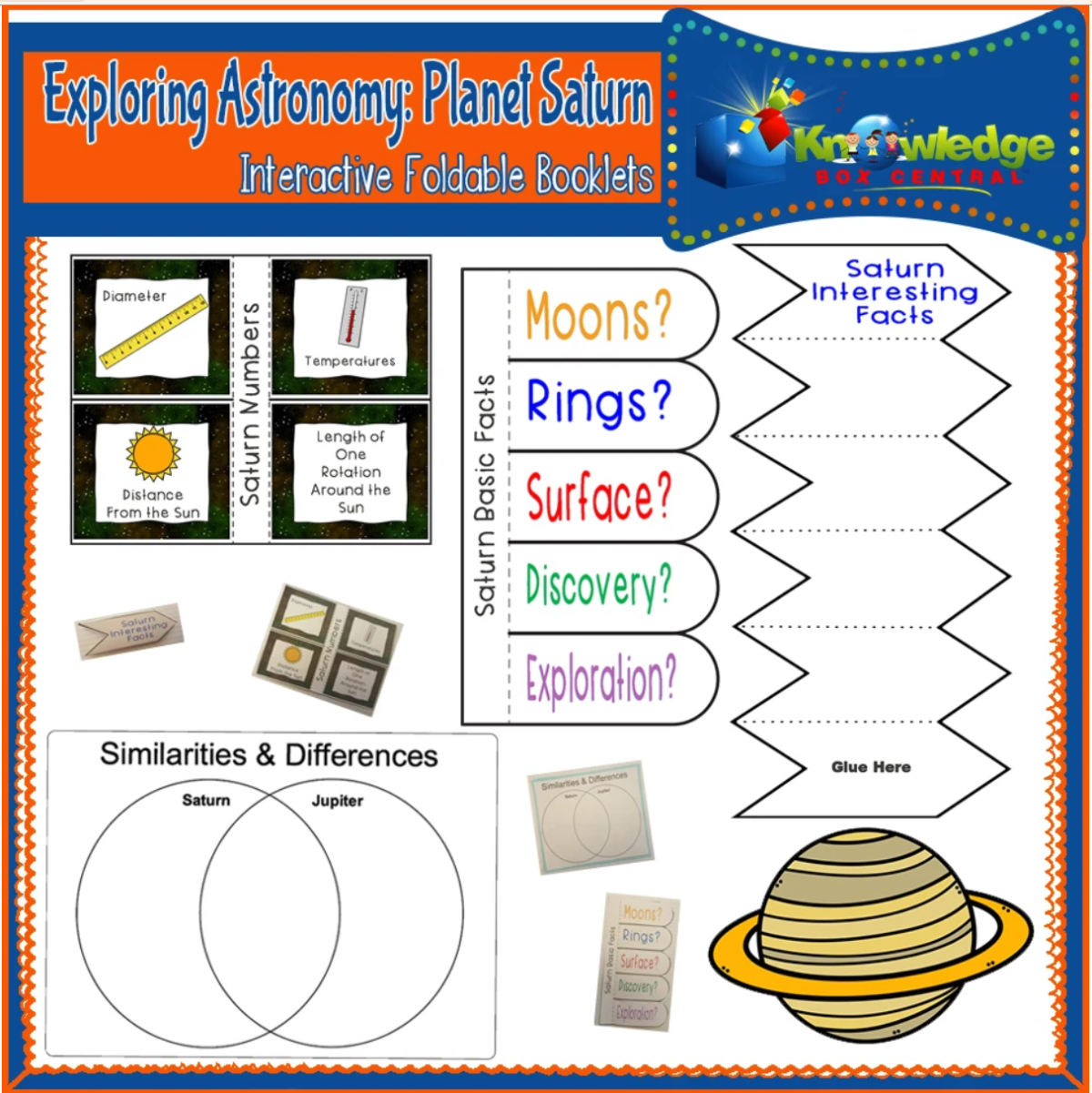 An educational teaching resource from Knowledge Box Central entitled Exploring Astronomy: Planet Saturn Interactive Foldable Booklets - EBOOK downloadable at Teach Simple.