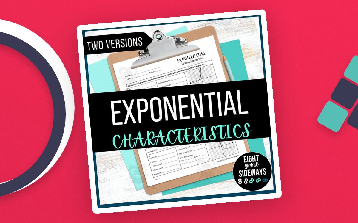 An educational teaching resource from Eight Gone Sideways entitled Exponential Function Characteristics Worksheet downloadable at Teach Simple.