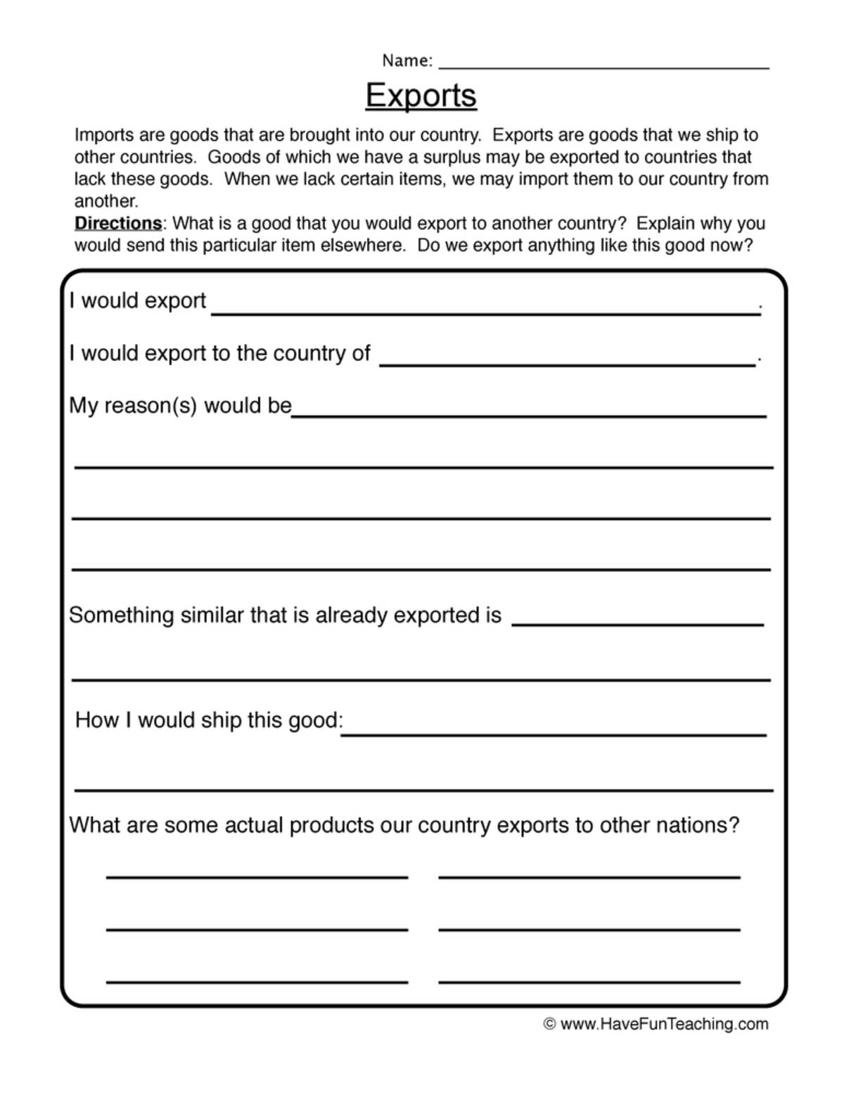 An educational teaching resource from Have Fun Teaching entitled Exports Worksheet downloadable at Teach Simple.