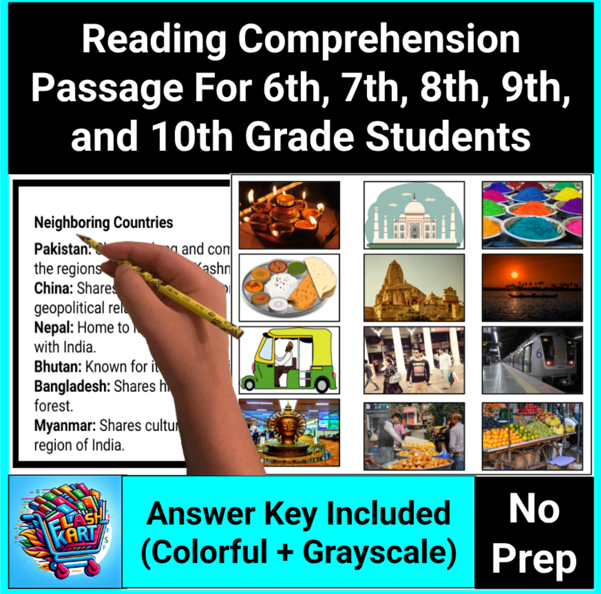 An educational teaching resource from FlashKart entitled Expository Reading Comprehension Passage Sub Plan for 7th, 8th & 9th downloadable at Teach Simple.