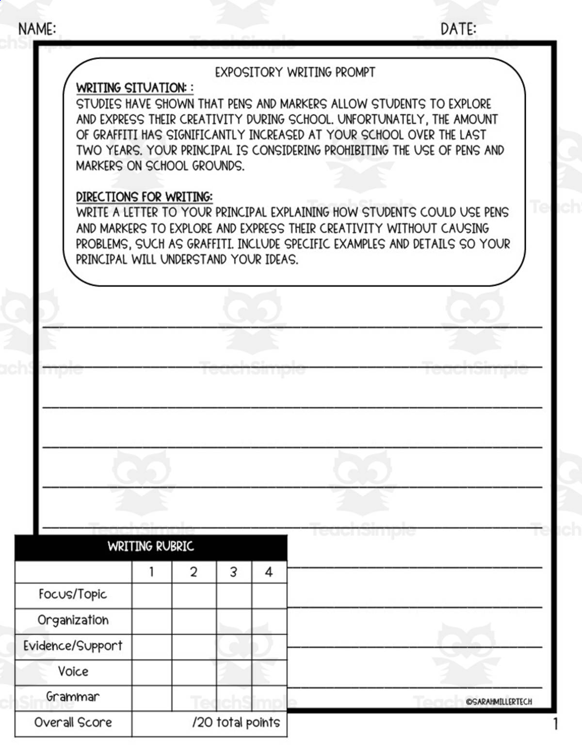 An educational teaching resource from Sarah Miller Tech entitled Expository Writing Prompts downloadable at Teach Simple.