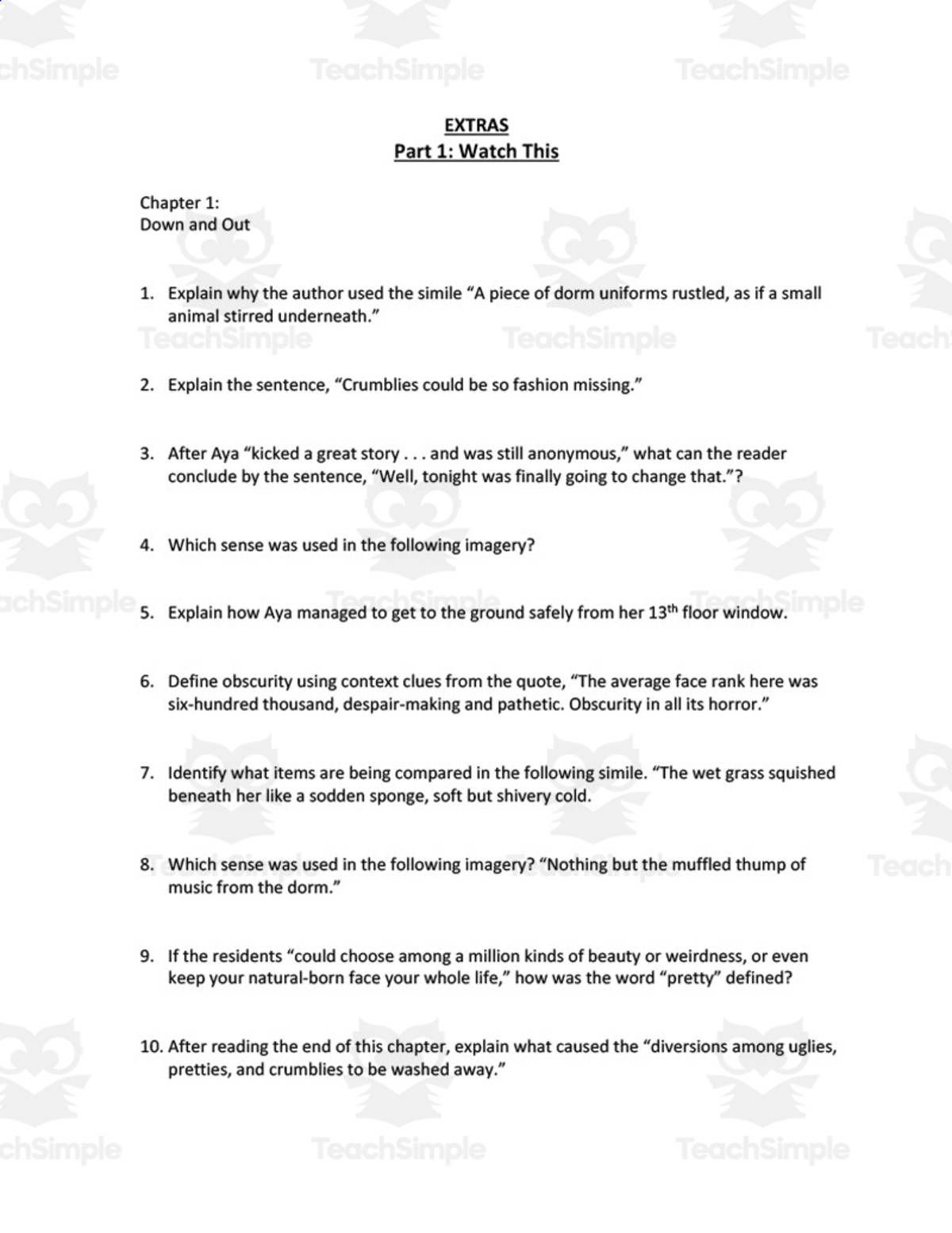 An educational teaching resource from Angela Zelaya entitled "Extras" Novel | Short Answer Chapter Questions downloadable at Teach Simple.