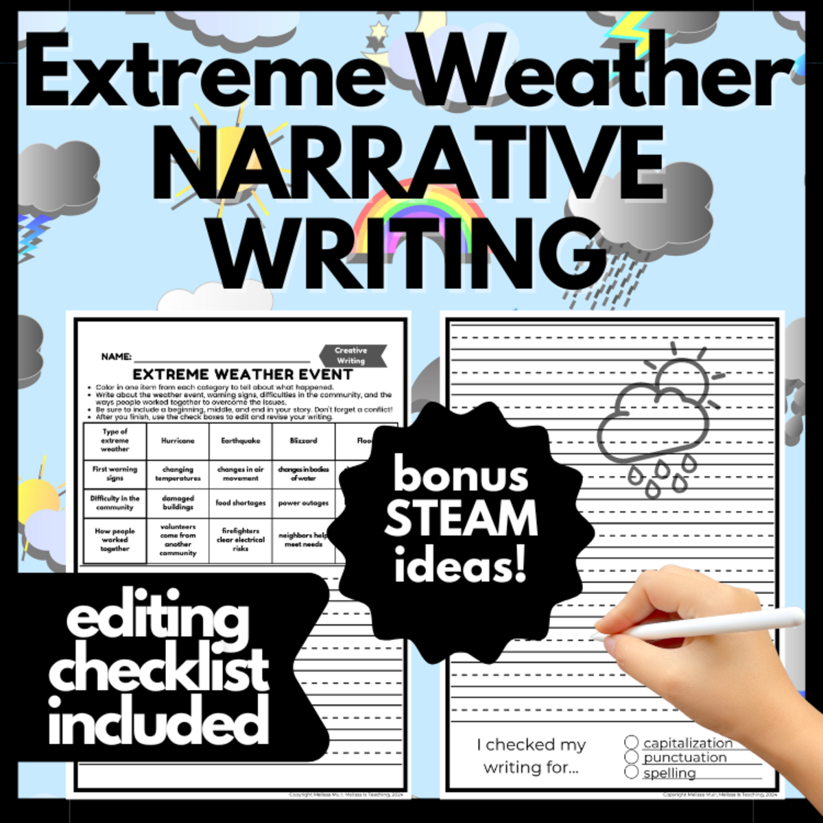 An educational teaching resource from Melissa Is Teaching entitled Extreme Weather Writing Challenge | Types, Effects & Resilience downloadable at Teach Simple.