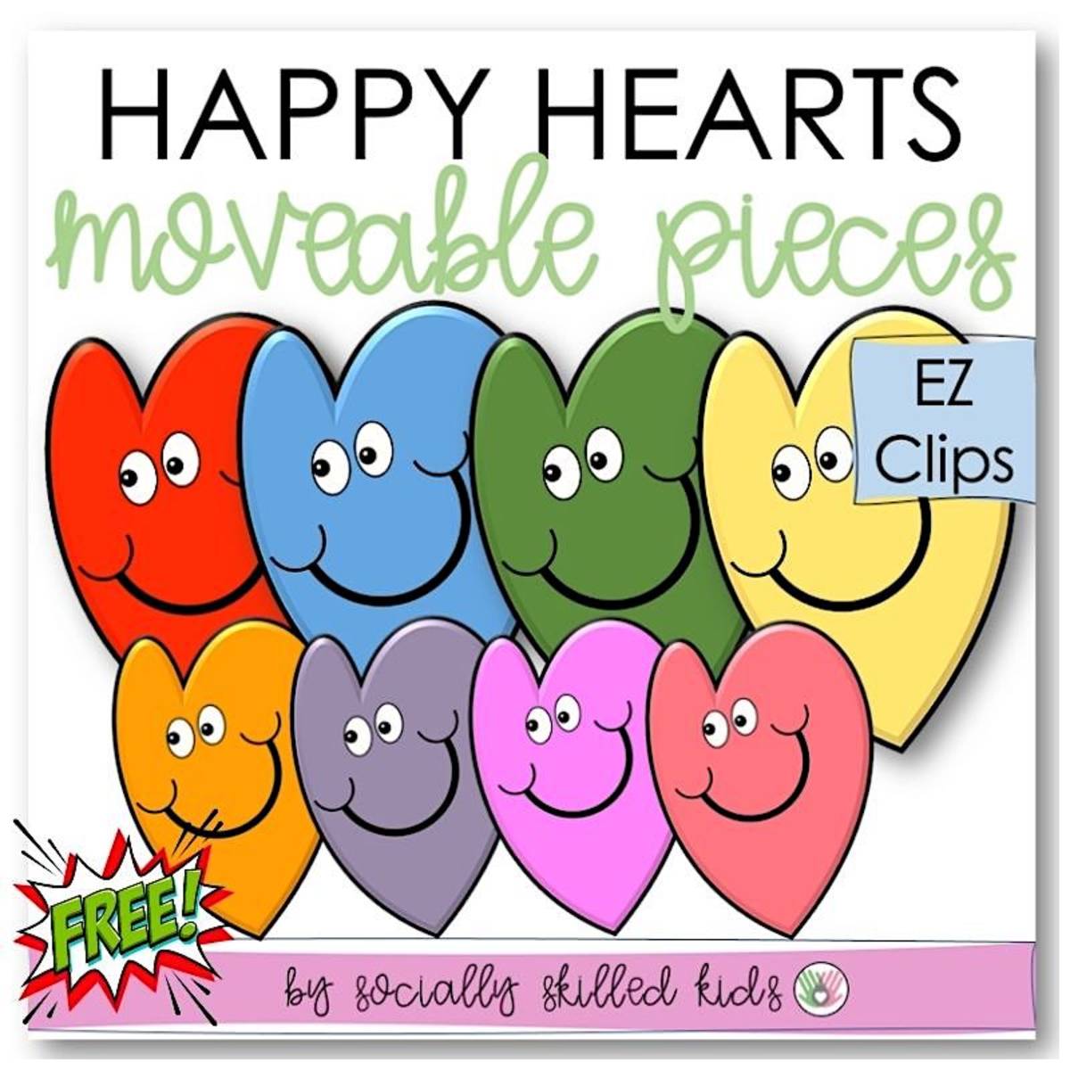 An educational teaching resource from Socially Skilled Kids entitled EZ Clips, Happy Hearts, Moveable Pieces Clip Art downloadable at Teach Simple.