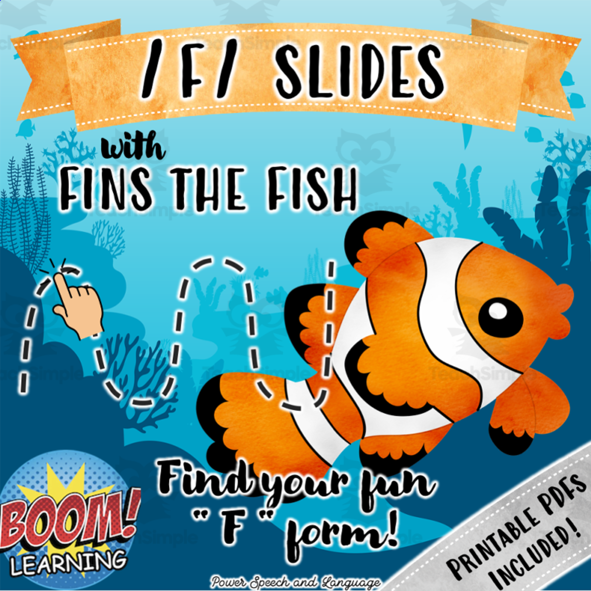 An educational teaching resource from Power Speech and Language entitled F Articulation, Stopping, Fricatives, Boom Cards Speech Therapy, Homework downloadable at Teach Simple.