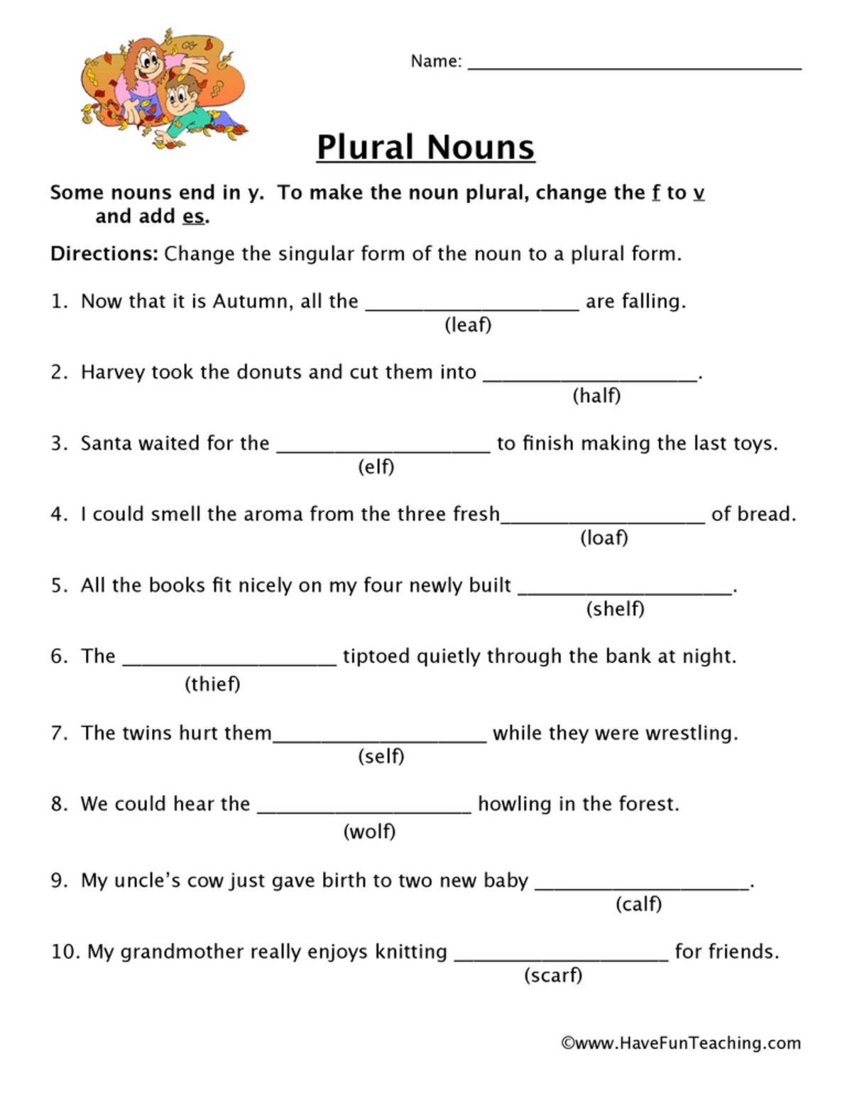 An educational teaching resource from Have Fun Teaching entitled F V Plurals Worksheet downloadable at Teach Simple.