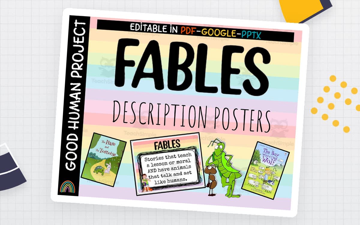 An educational teaching resource from Good Human Project entitled Fables Description Posters – Genre Anchor Set downloadable at Teach Simple.
