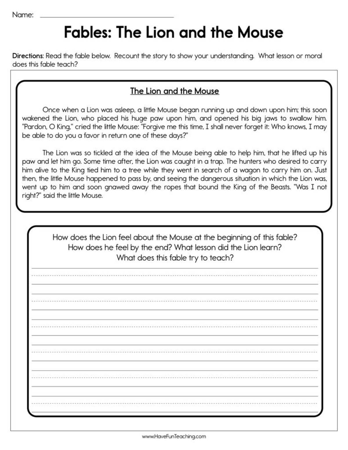 An educational teaching resource from Have Fun Teaching entitled Fables The Lion and The Mouse Worksheet downloadable at Teach Simple.