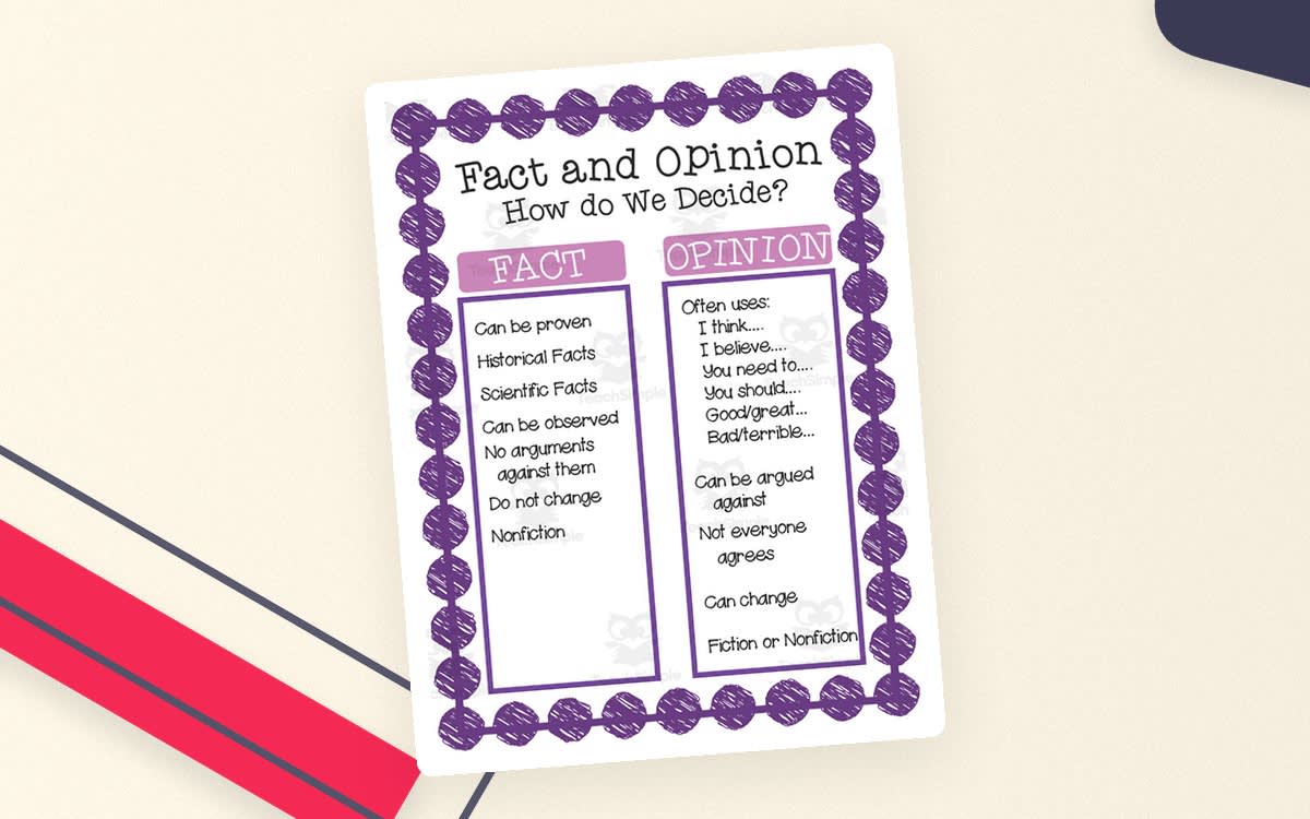 An educational teaching resource from First in Line entitled Fact and Opinion Anchor Chart downloadable at Teach Simple.