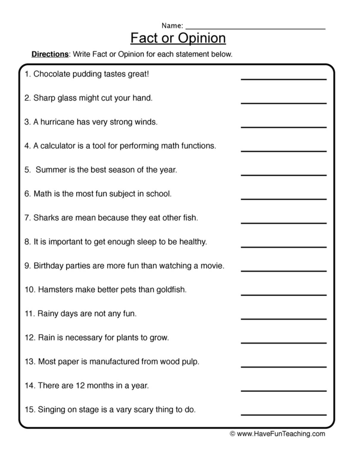 An educational teaching resource from Have Fun Teaching entitled Fact or Opinion Worksheet downloadable at Teach Simple.