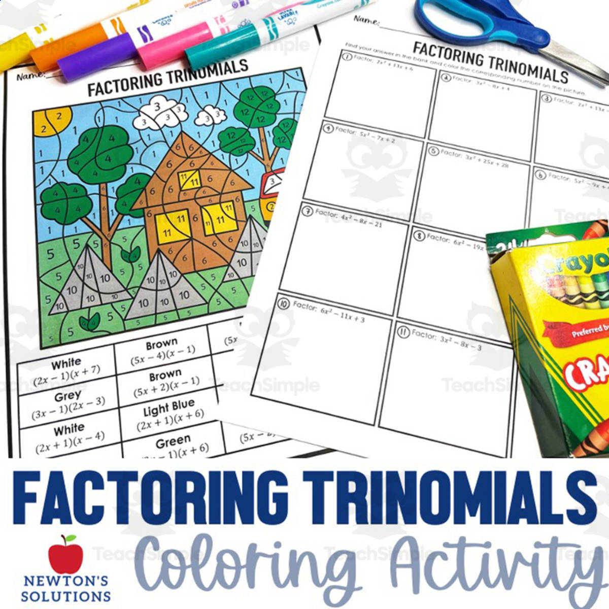 An educational teaching resource from Newtons Solutions entitled Factoring Trinomials When A>1  Color by Numbers Worksheet downloadable at Teach Simple.