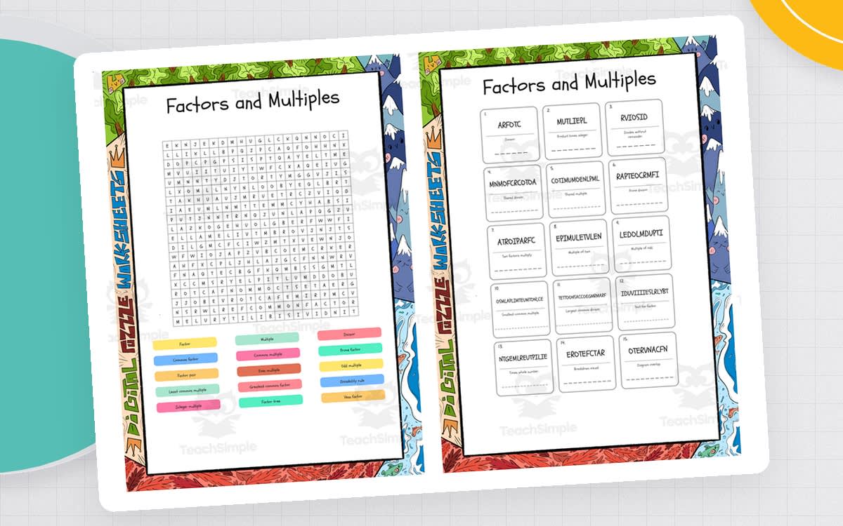 An educational teaching resource from Lapiiin Art Activities entitled Factors and Multiples word search, scramble and crossword puzzle downloadable at Teach Simple.